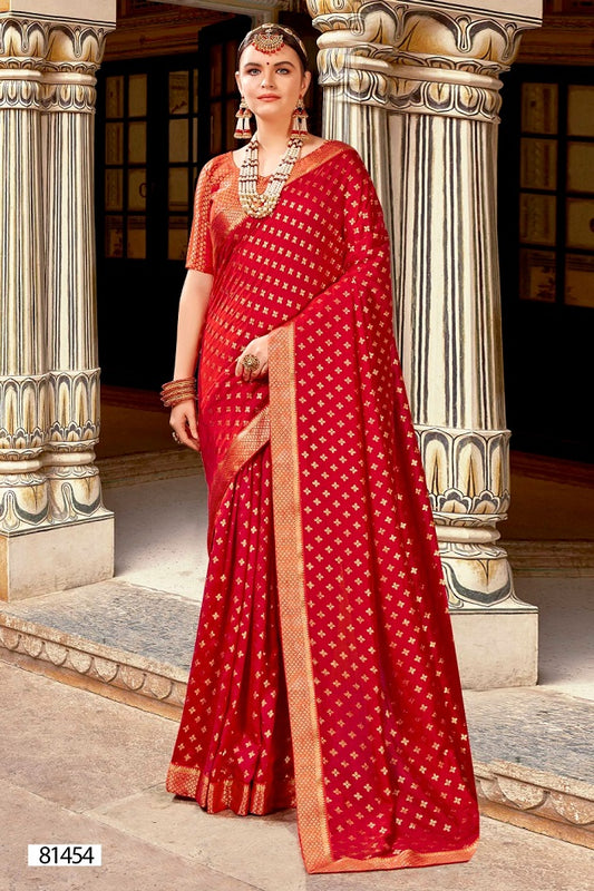 red art silk printed gold motifs saree with attached blouse piece