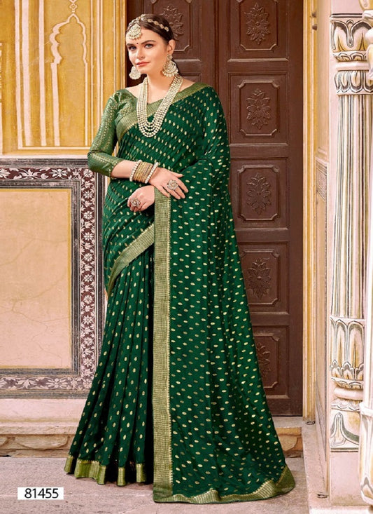 green art silk printed gold motifs saree with attached blouse piece