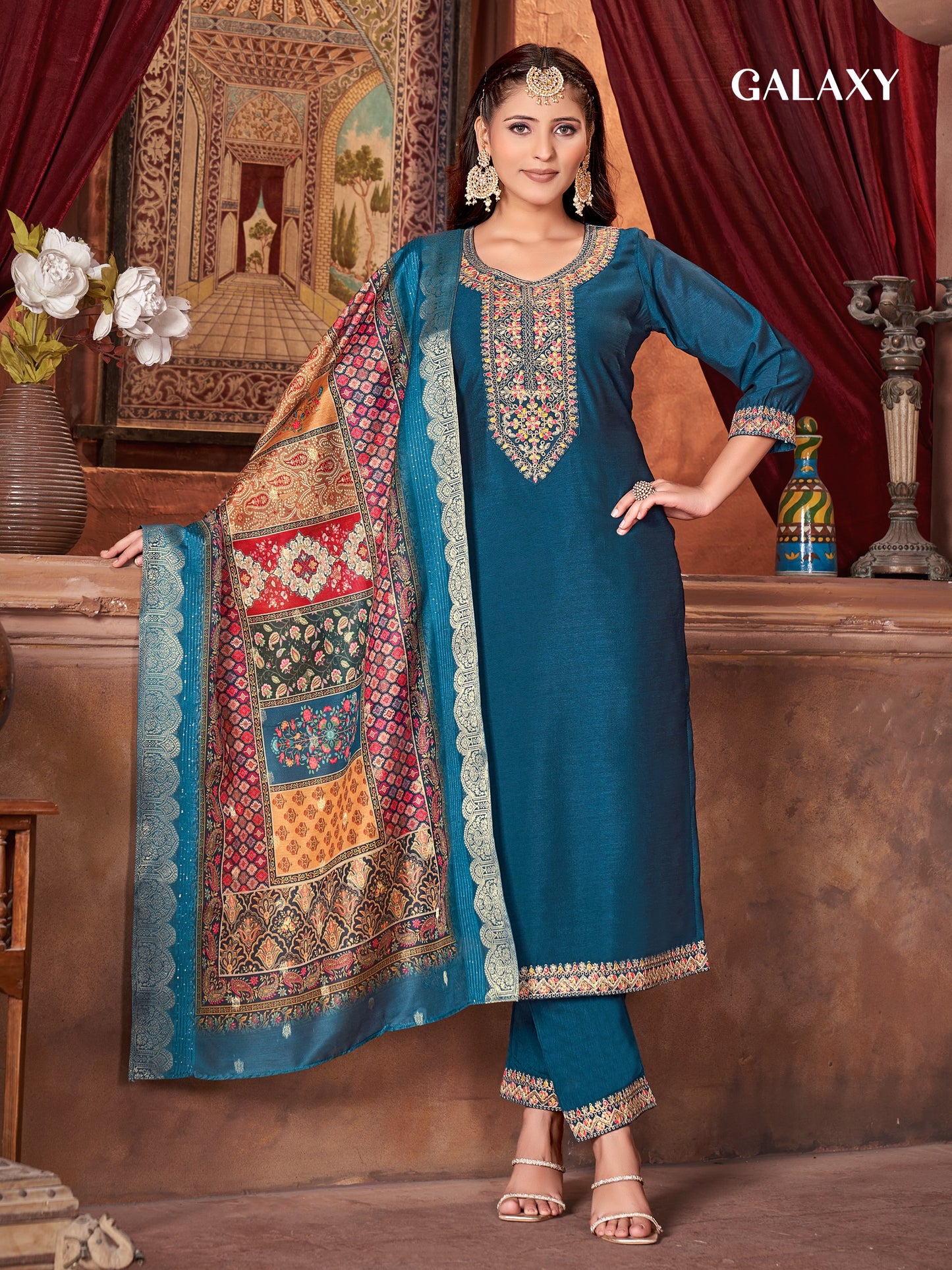 vichitra silk heavy embroidery blue salwar with jacquard sequence dupatta