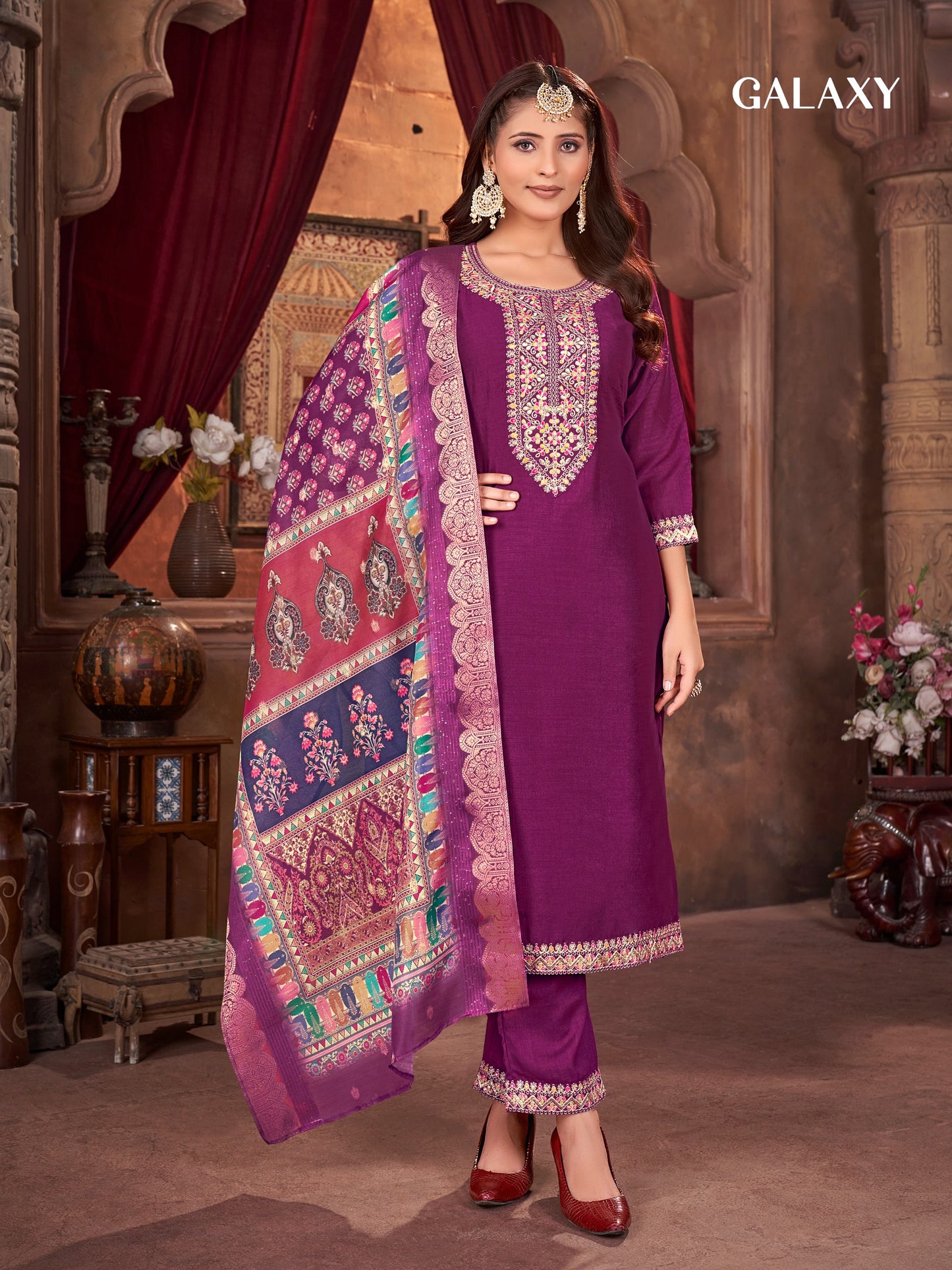 vichitra silk heavy embroidery purple salwar with jacquard sequence dupatta