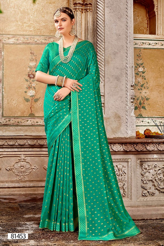light blue green art silk printed gold motifs saree with attached blouse piece