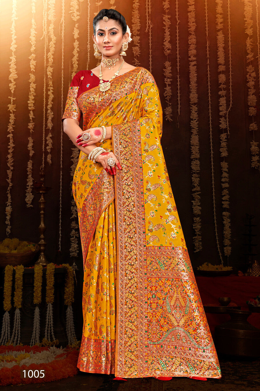 Yellow Kashmiri silk saree with attached blouse piece,  pico ready