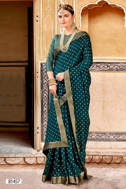 teal blue art silk printed gold motifs saree with attached blouse piece