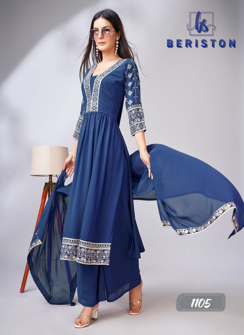 Blue georgette sharara style embroidery designer salwar