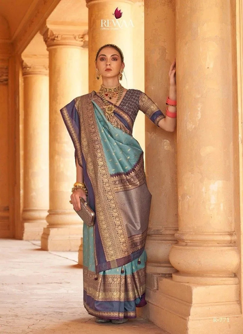 Designer blue silk saree with designer blouse, ready blouse, fall, pico, with broach and purse