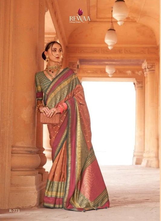 Designer orange brown green silk saree with designer blouse, ready blouse, fall, pico, with broach and purse