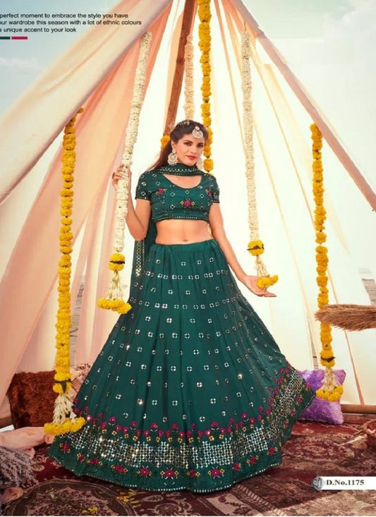 Green silk flower embroidery sequence lehenga