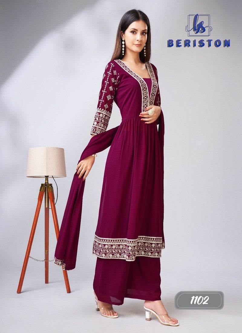 Maroon georgette sharara style embroidery designer salwar