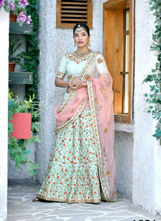 Silk embroidery sequence mint pink lehenga