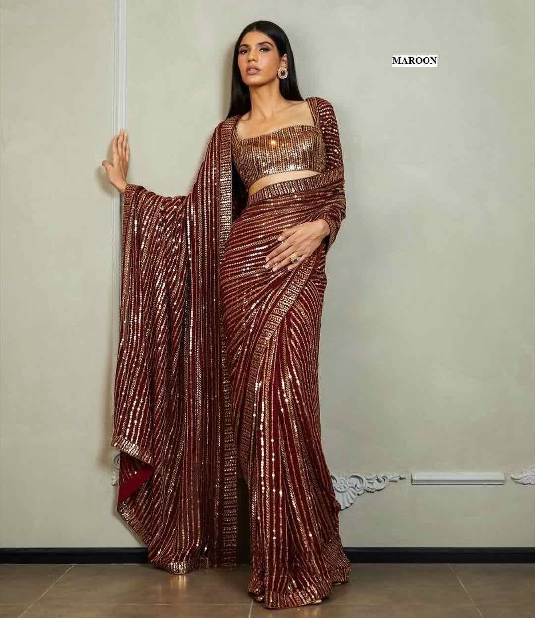 Sequence saree with ready blouse, petticoat, fall