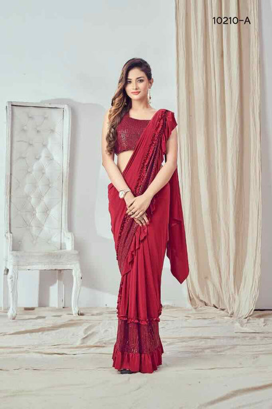 red Readymade saree fall pico blouse ready