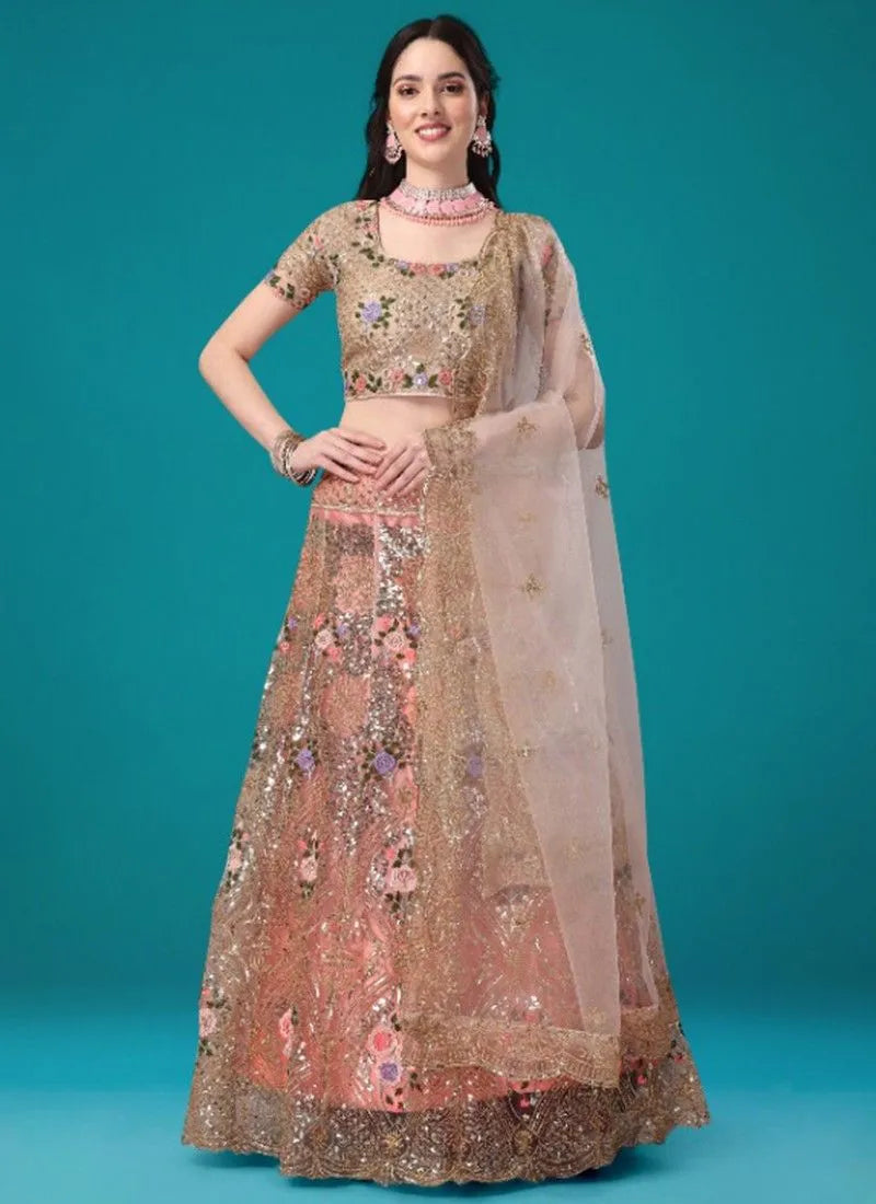 Gold sequence multi embroidery lehenga