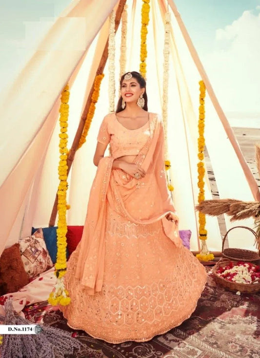 Peach net sequence lehenga