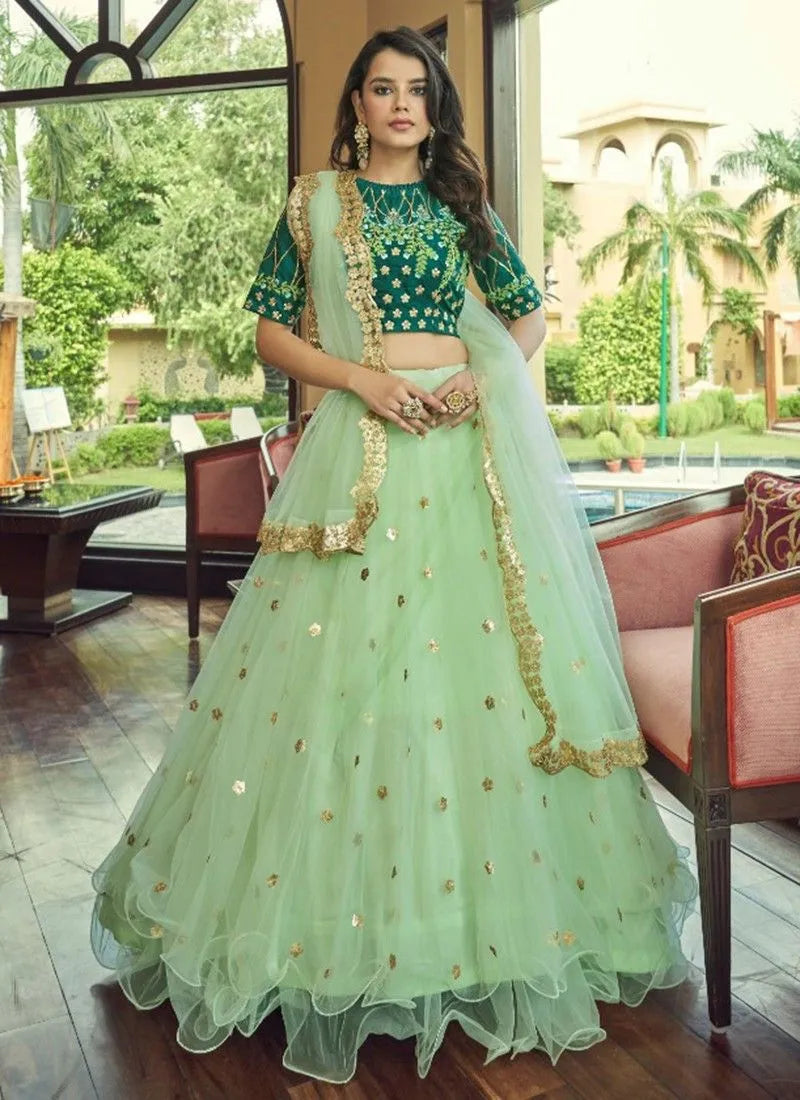 Mint green net sequence flare designer lehenga