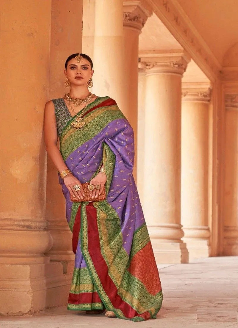 Designer purple violet green red silk saree with designer blouse, ready blouse, fall, pico, with broach and purse