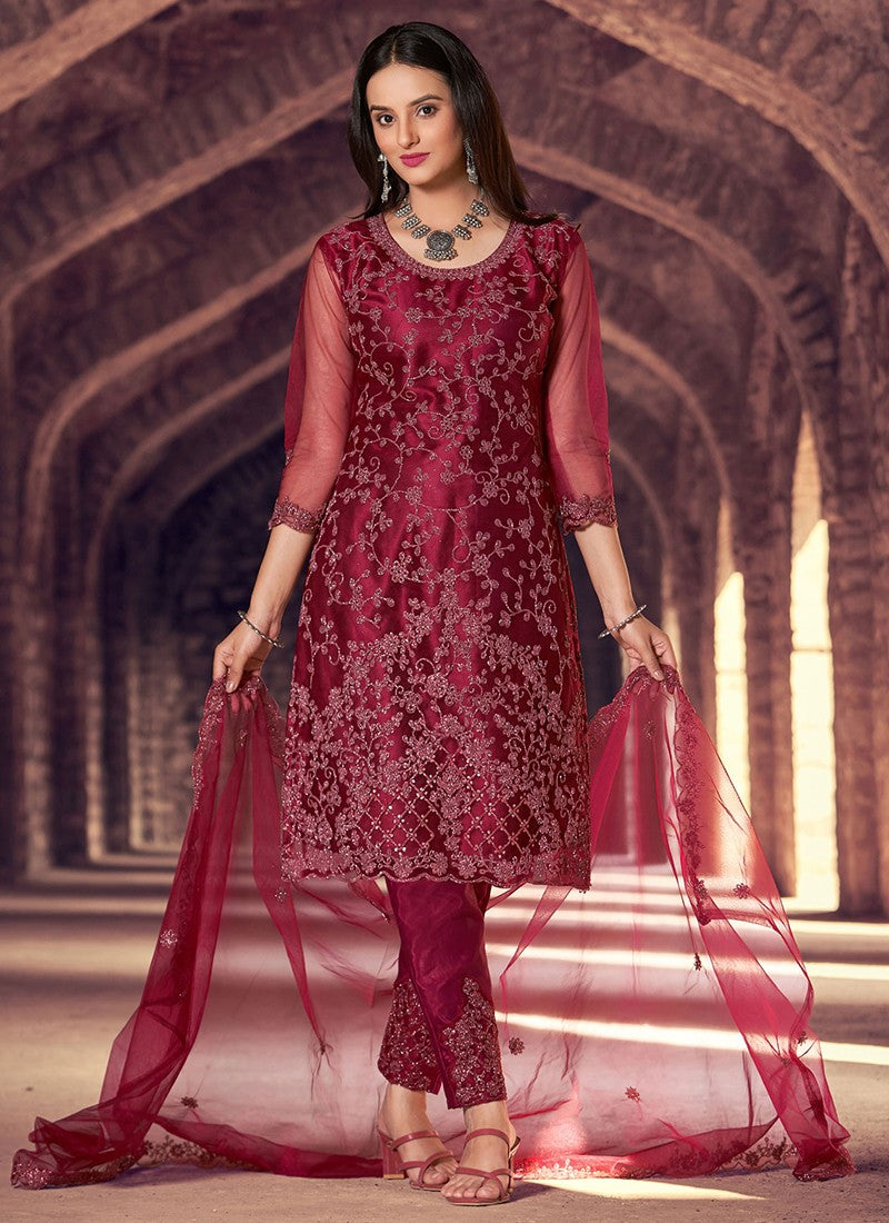 Net silver zari embroidery work salwar