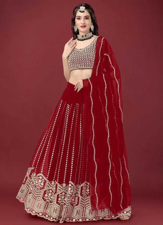 Georgette red lehenga with designer foil choli