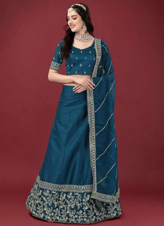 Blue malay silk lehenga with silver embroidery and georgette dupatta