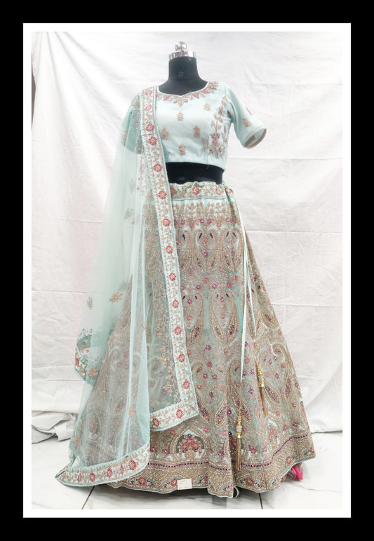 Blue net embroidery zarkan diamond heavy lehenga