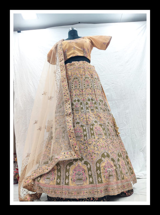 Gold yellow embroidery zarkan diamond silk heavy lehenga