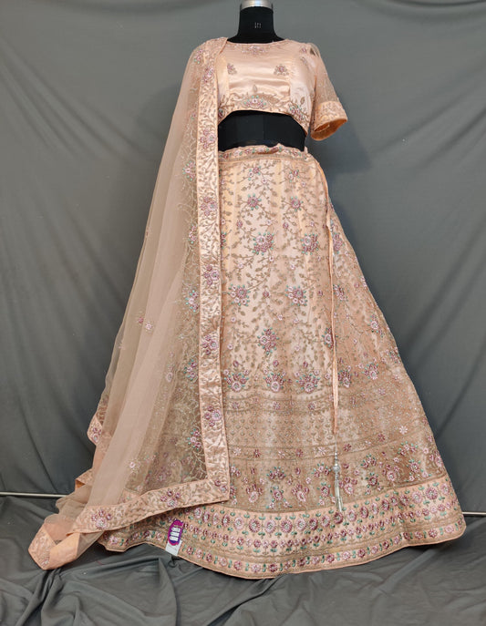 Peach net zarkan diamond embroidery heavy lehenga