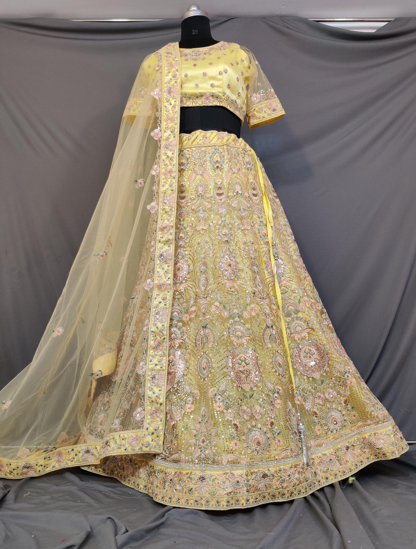 Yellow heavy designer lehenga net embroidery zarkan diamond