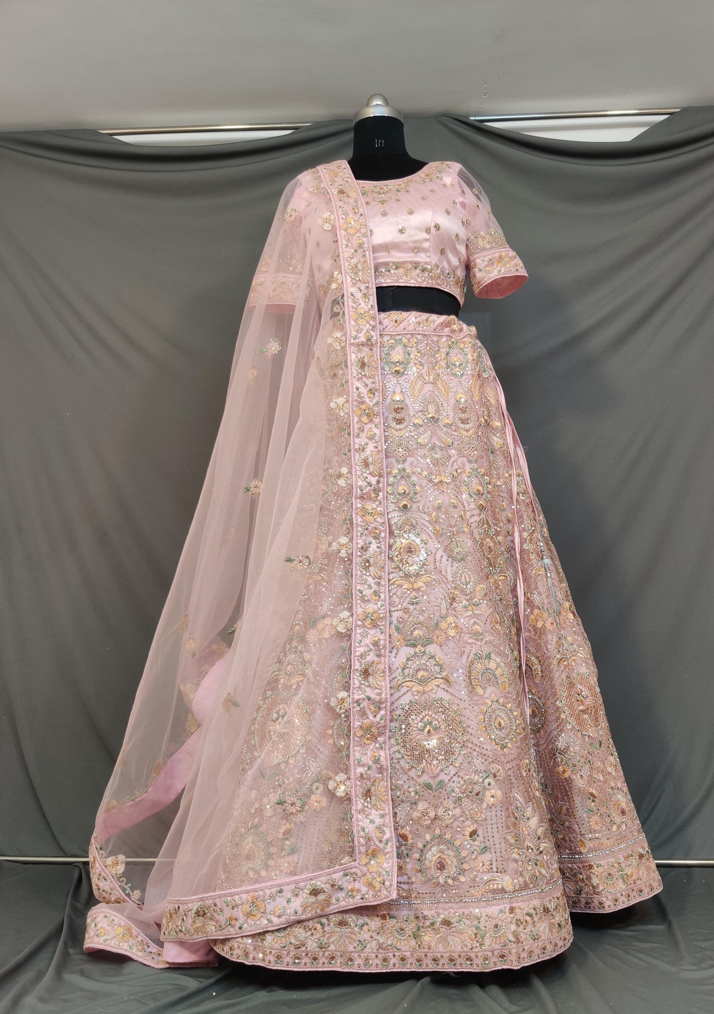 Pink net embroidery zarkan diamond heavy lehenga