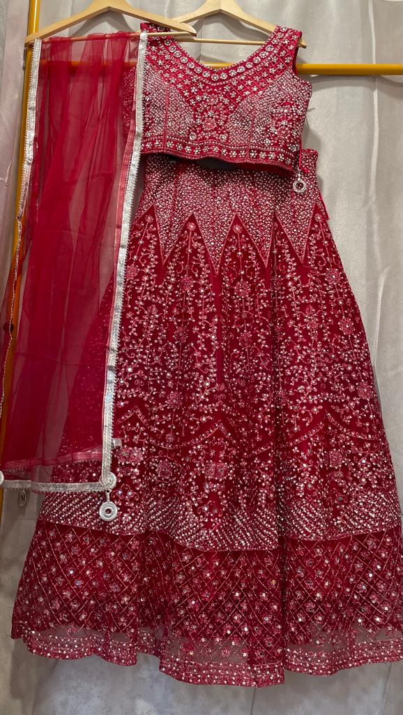 Red net zarkan mirror lehenga with designer choli