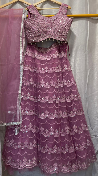 Net lavender mirror zarkan lehenga with designer blouse