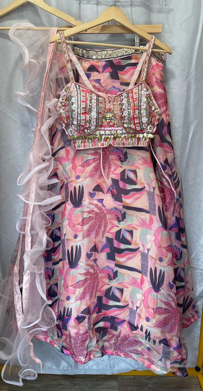 Organza pink lehenga with designer blouse and frill dupatta