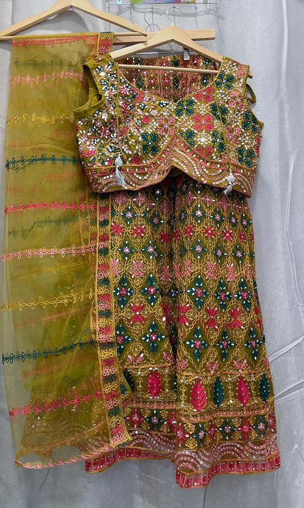 Olive green with multi embroidery mirror sarkan lehenga