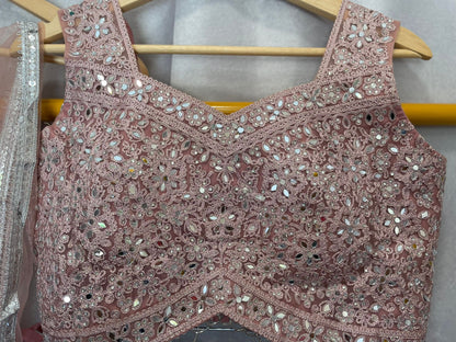 Pink net zarkan mirror lehenga with designer blouse