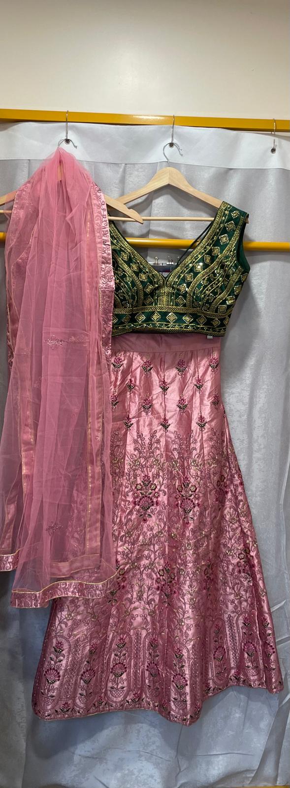 Pink Green malay satin lehenga