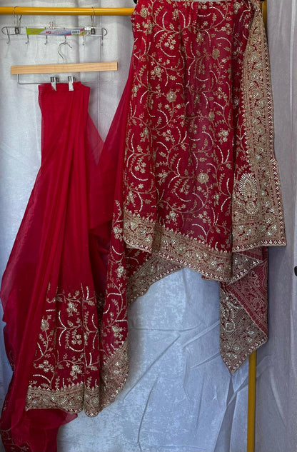 Heavy tissue net saree with gold thread embroidery and zarkan work with matching petticoat and attached blouse piece