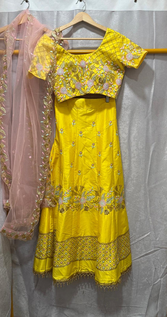 Yellow pink embroidery malay silk lehenga