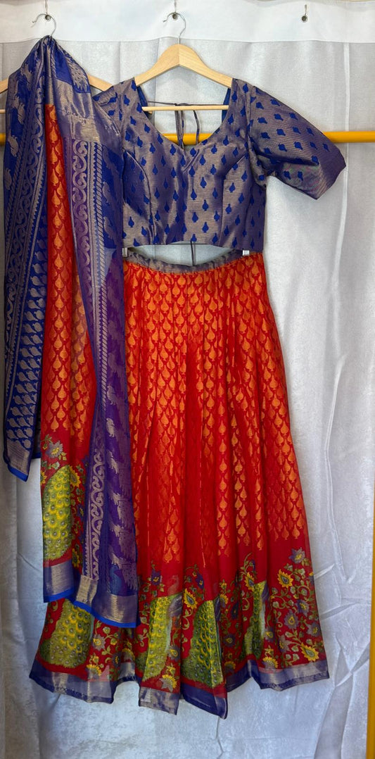 Chiffon blue purple red peacock design lehenga