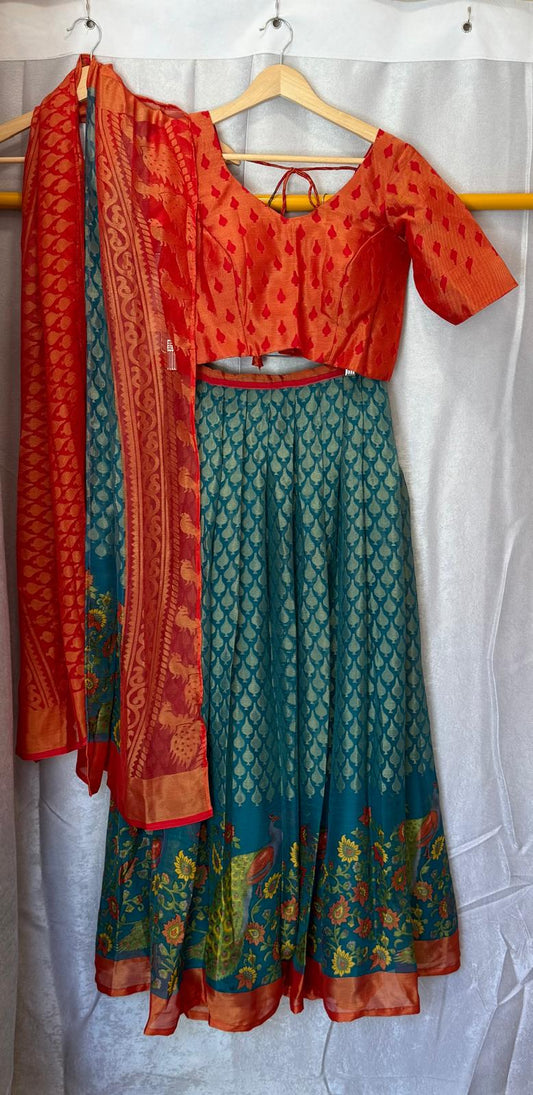 Chiffon blue orange peacock design lehenga