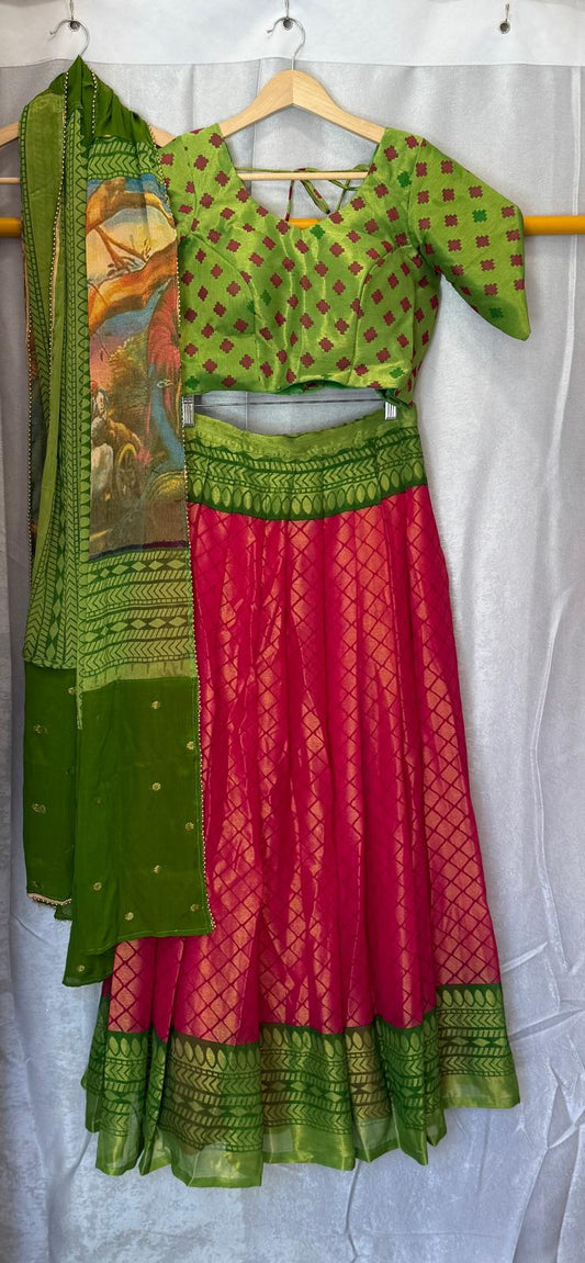 Chiffon pink red green with designer dupatta lehenga