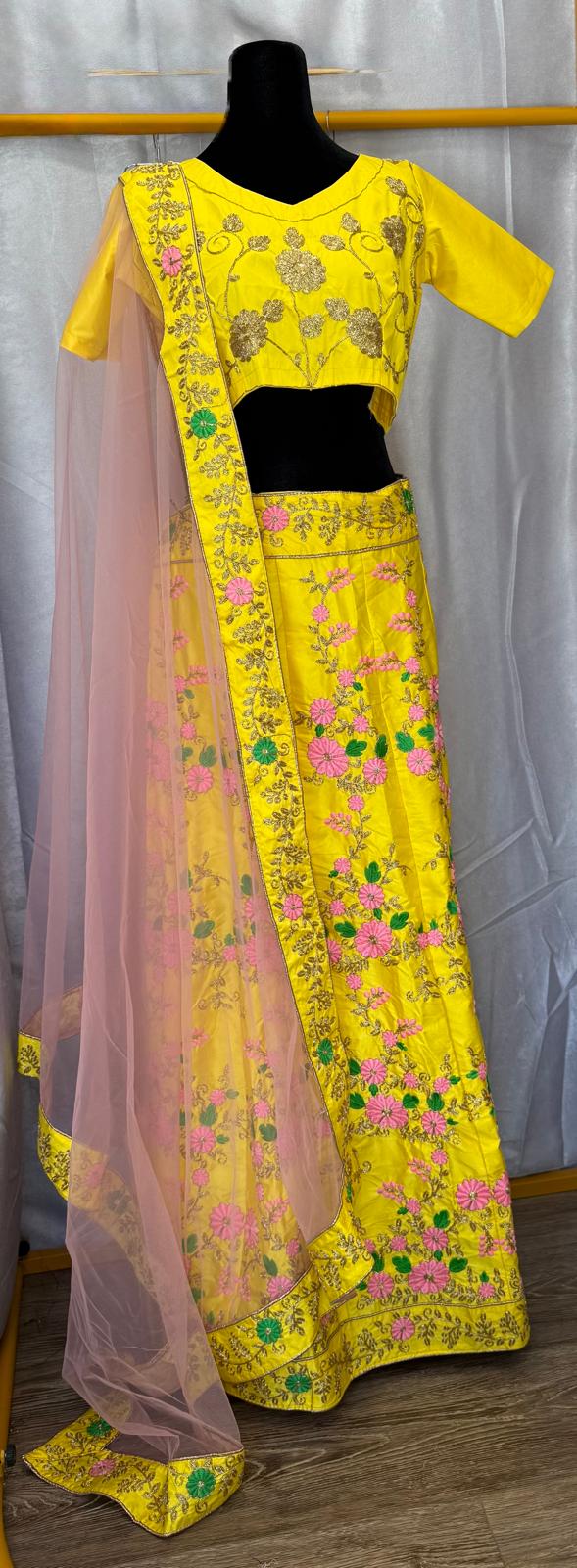 Yellow pink gold embroidery lehenga