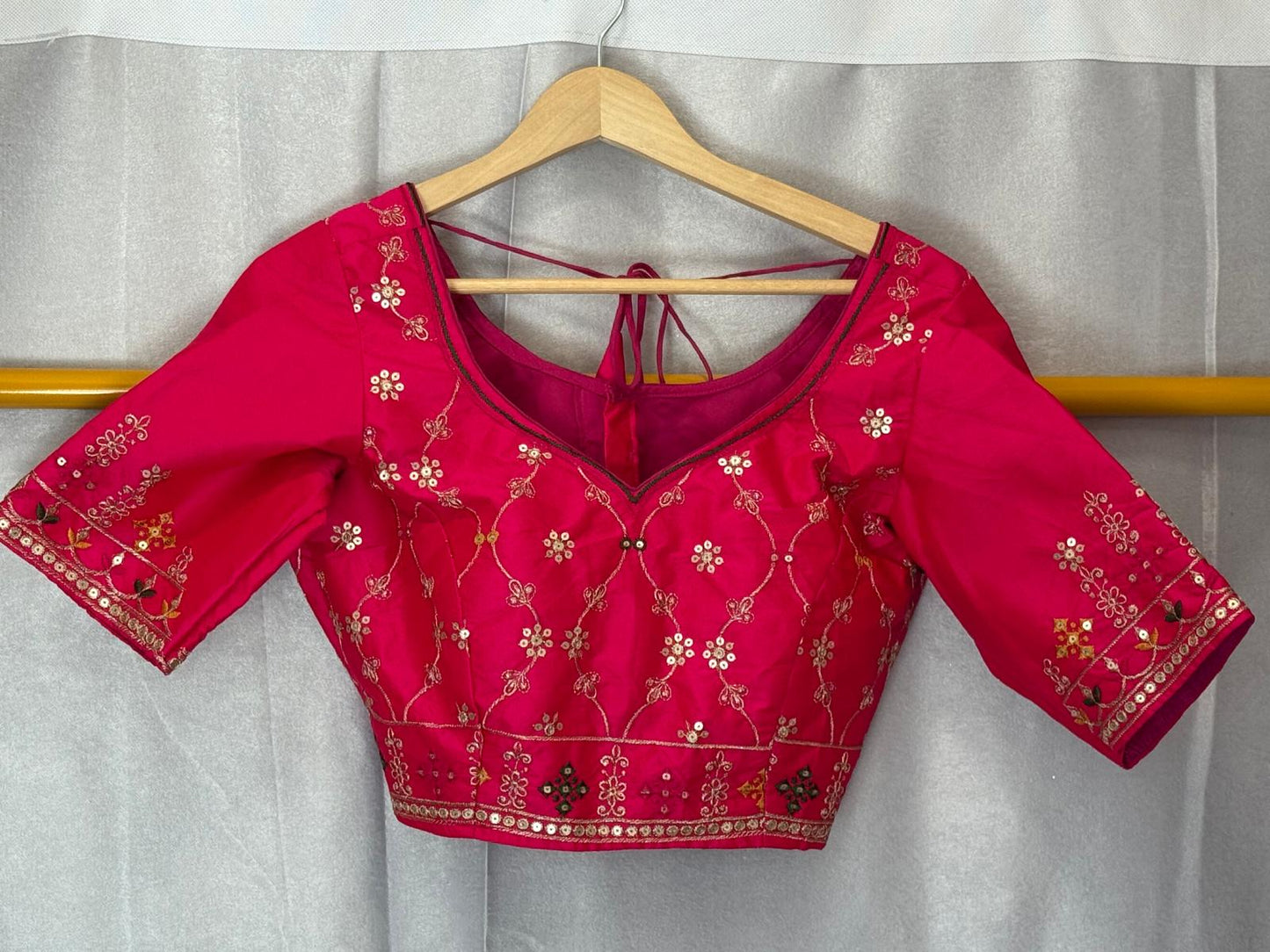Pink green yellow embroidery sequence silk blouse