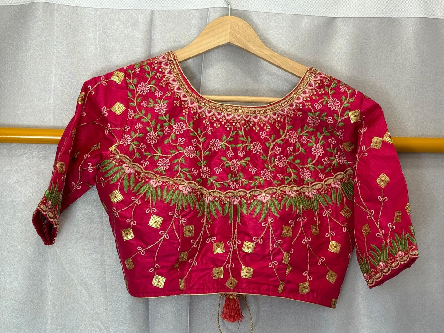 Pink green embroidery sequence silk blouse