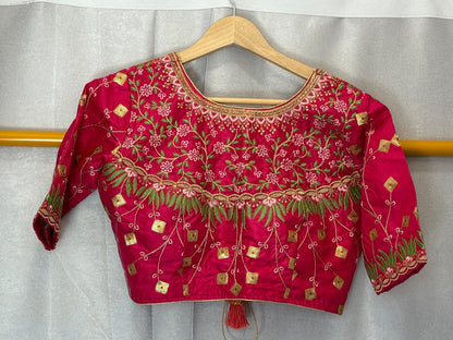 Pink green embroidery sequence silk blouse