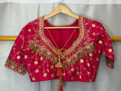 Pink green embroidery sequence silk blouse