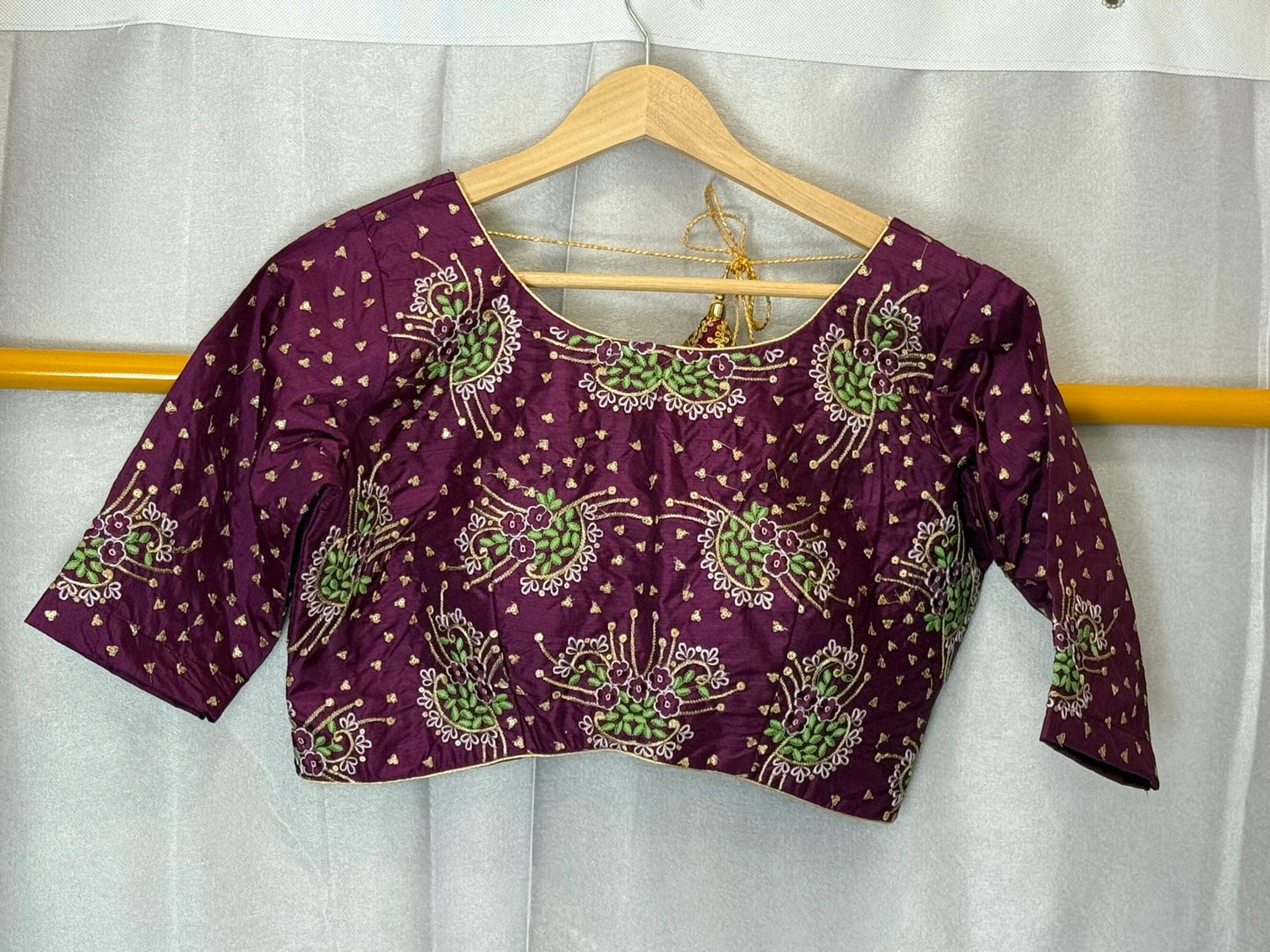Purple green embroidery silk sequence blouse