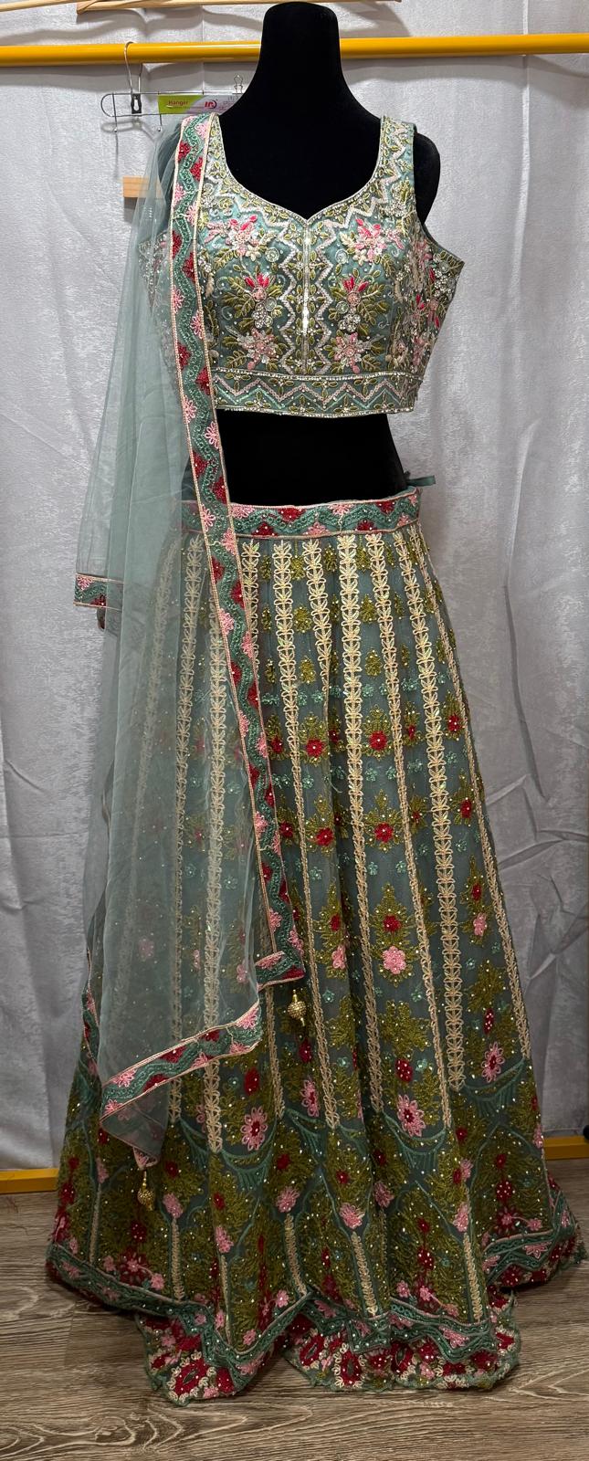 green embroidery zarkan mirror with designer choli