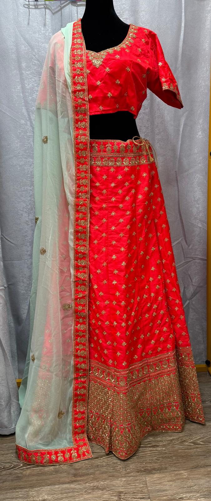 Malay silk orange heavy zarkan gold embroidery lehenga