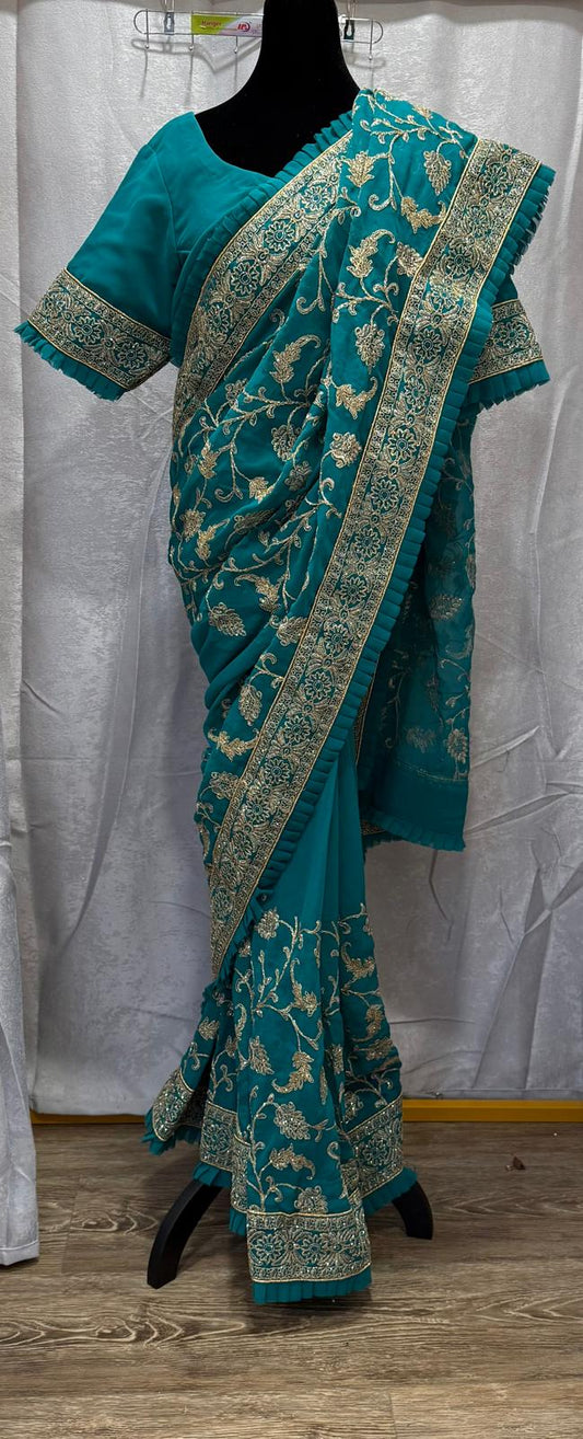 Teal Blue Readymade Georgette shimmer gold embroidery with frill saree with ready blouse and petticoat