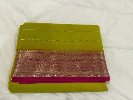 parrot green pink semi mysore silk saree with attached blouse piece