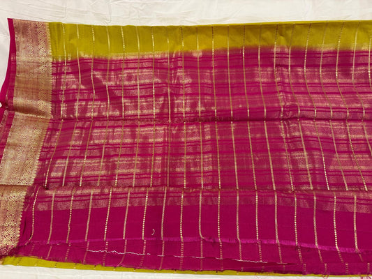 parrot green pink semi mysore silk saree with attached blouse piece
