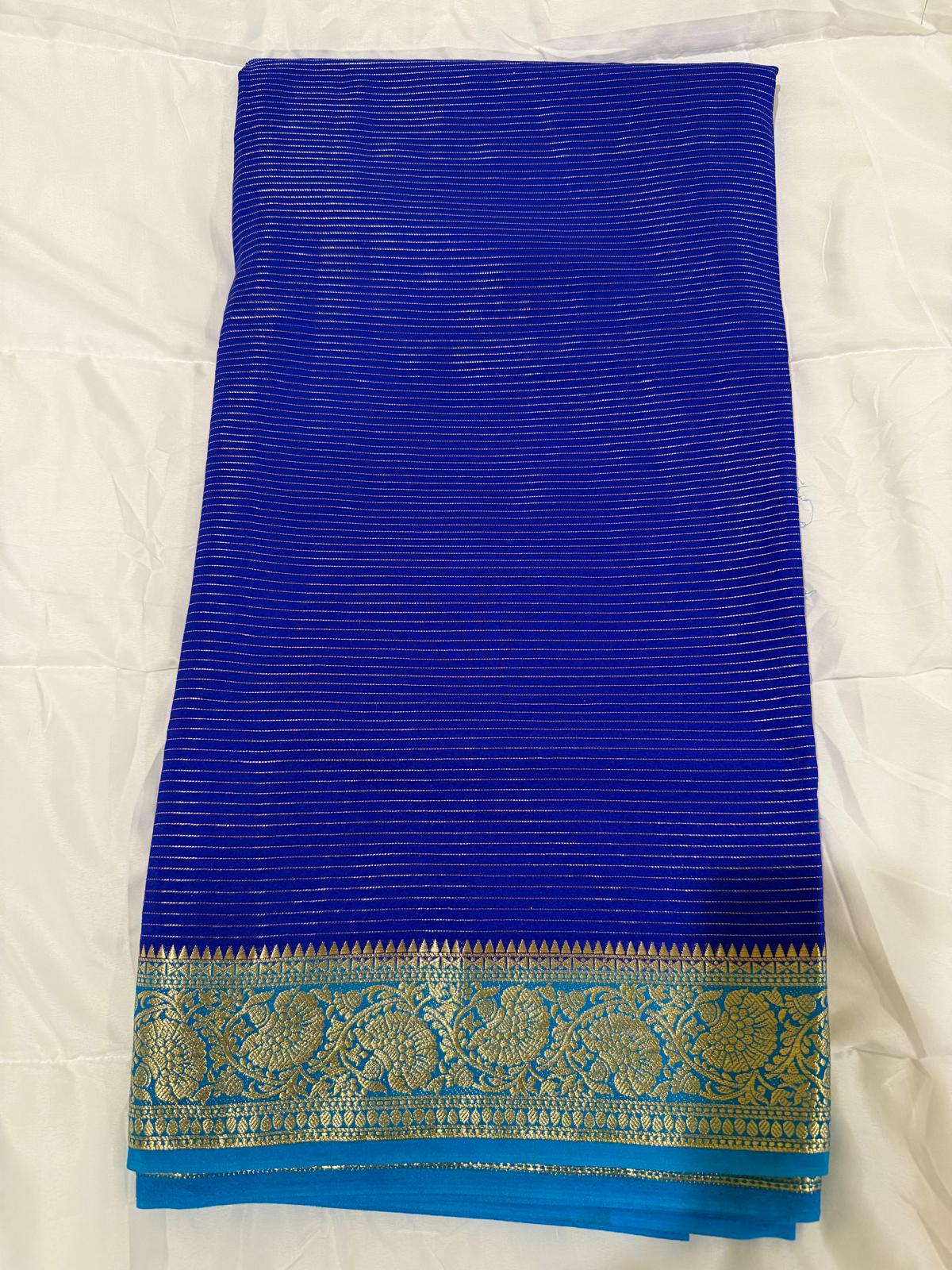 navy blue light blue semi mysore silk saree with attached blouse piece